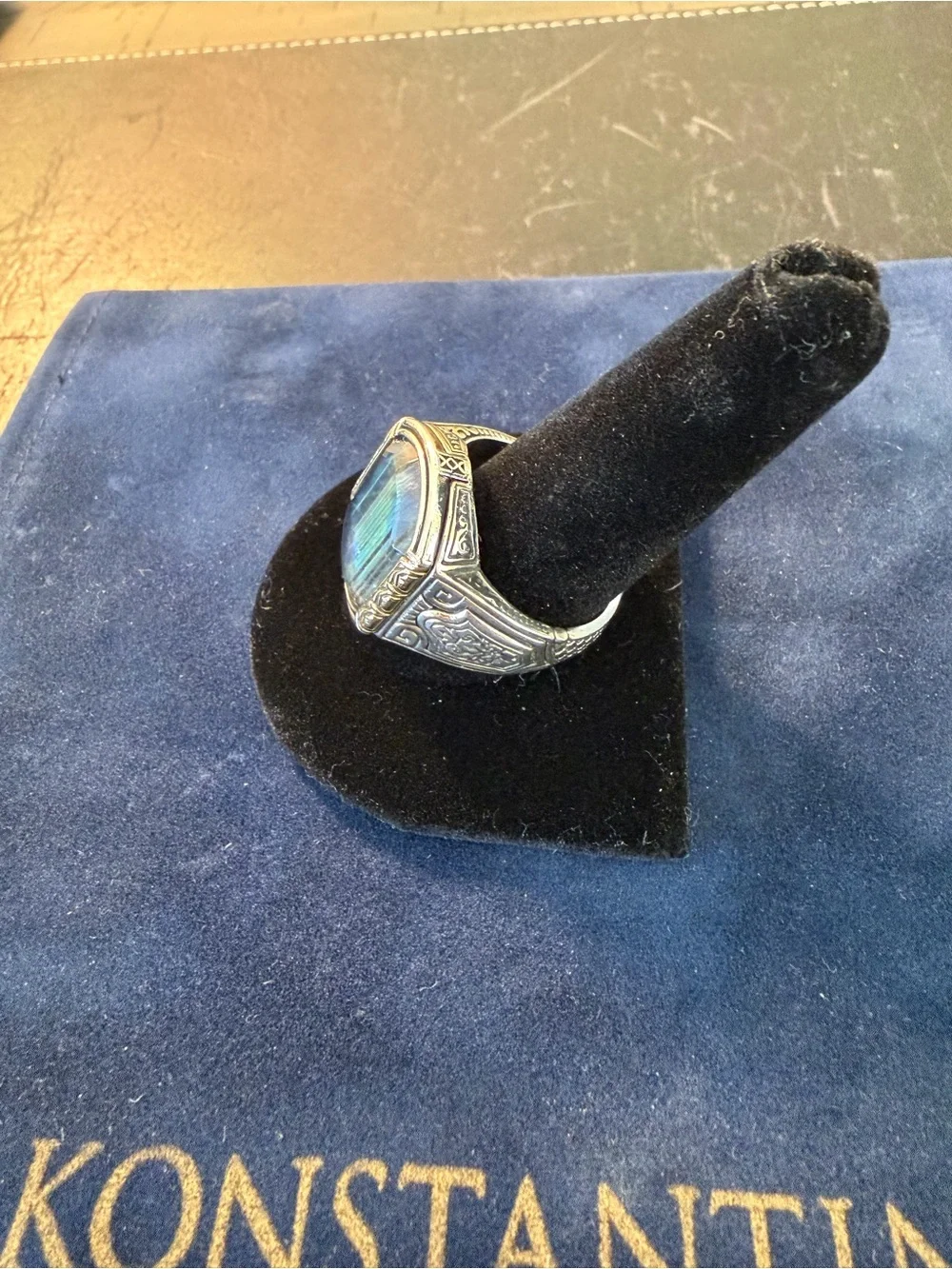Konstantino Sparta Men's Ring with Deep Blue-Green Stone and Gold Accents